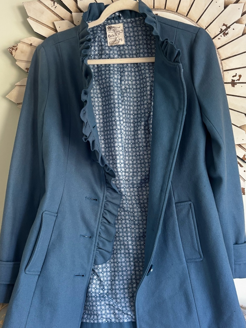 Tulle Anthropologie Blue Wool Blend Ruffle Front Coat Coat Size M